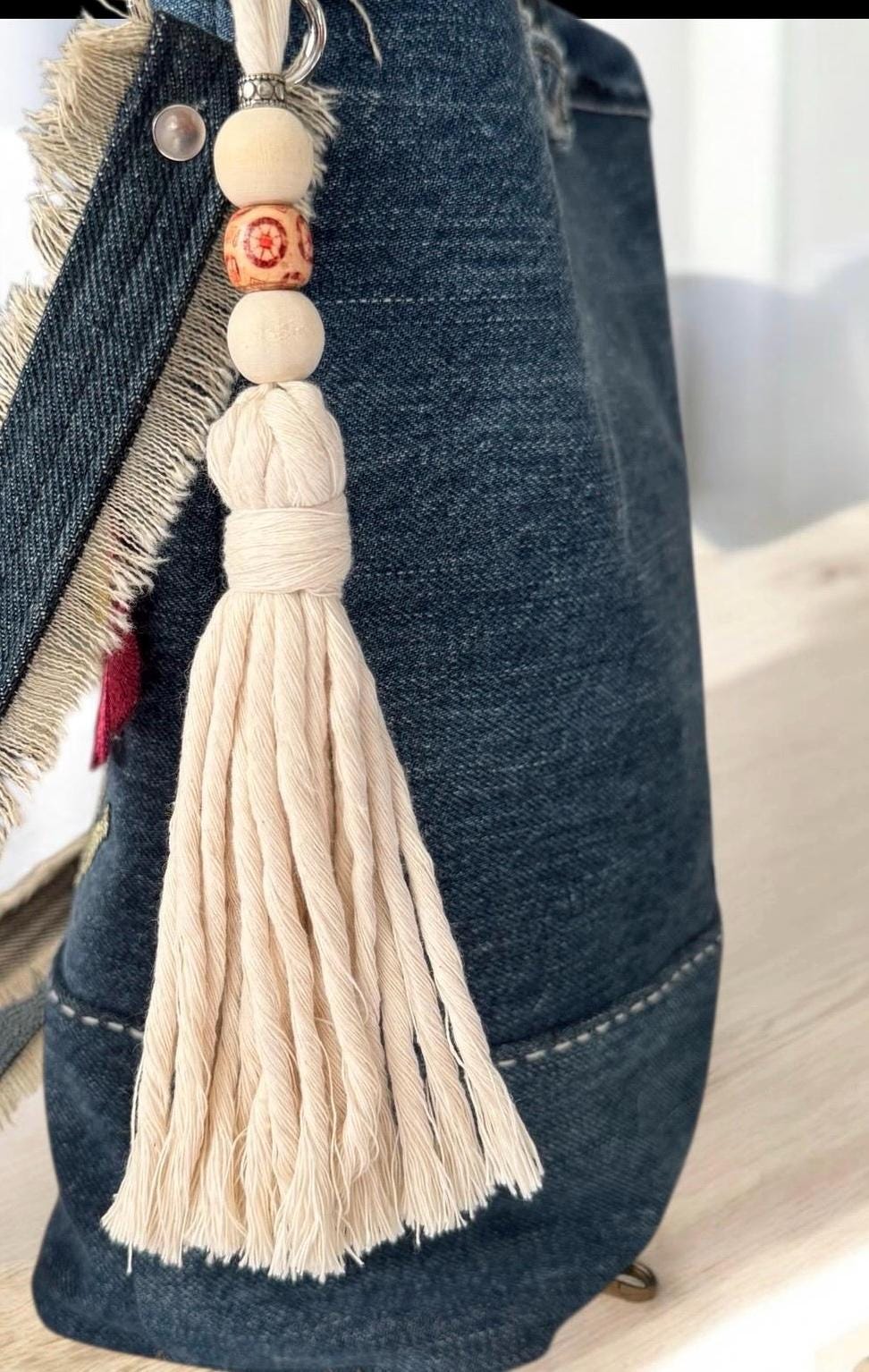 Handmade bag Tassel Charm – Wooden Beads and Dreamcatcher Accent | 8.5” Long approximately