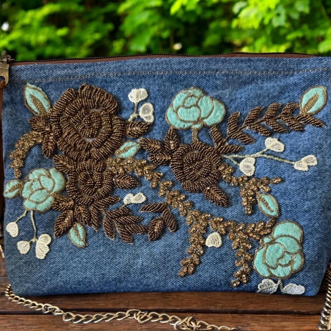 Embroidered Denim Crossbody Bag: Floral Beaded Appliqué, Gold Chain