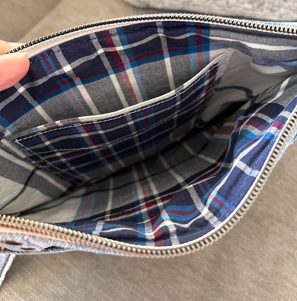 Unique bohemian handbag One-of-a-Kind Denim Patchwork Clutch with removable Wrist Handle