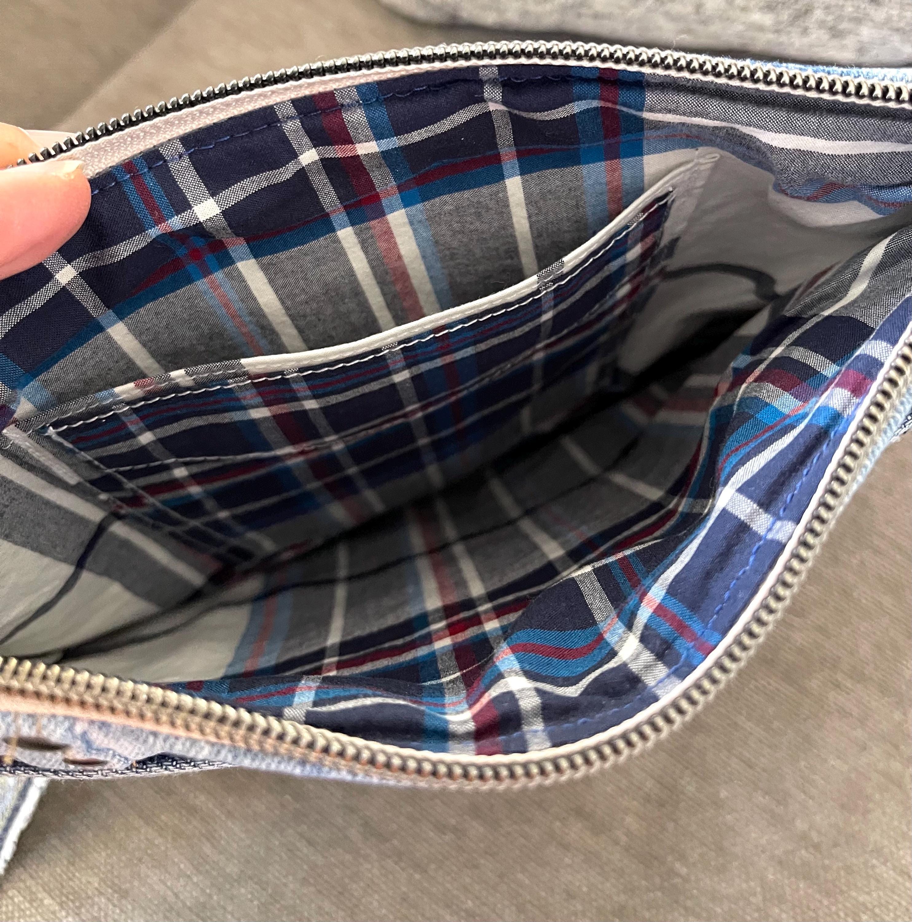 Unique bohemian handbag One-of-a-Kind Denim Patchwork Clutch with removable Wrist Handle