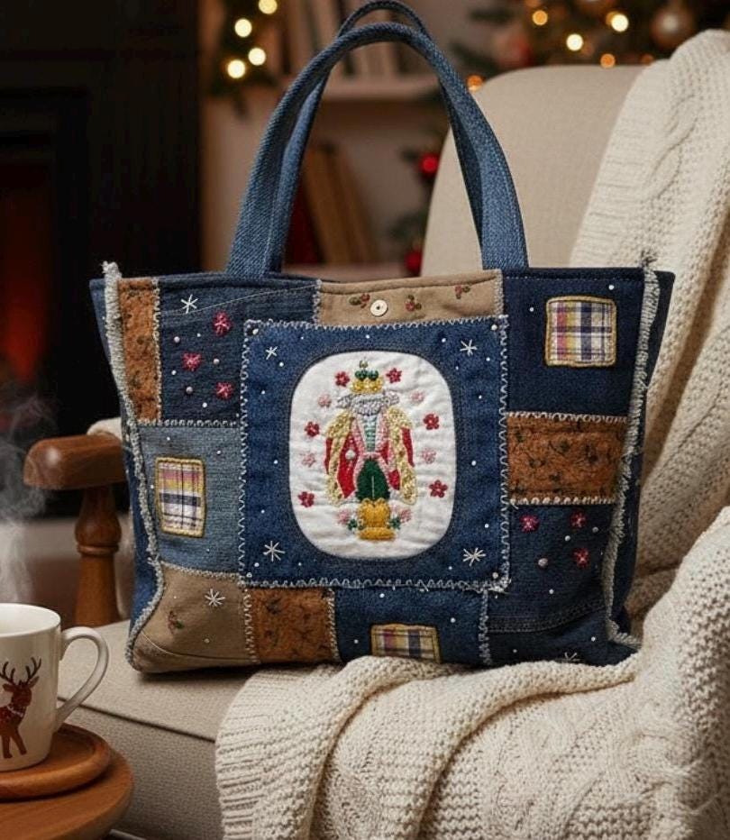 Christmas Nutcracker Embroidered Denim Tote Bag – Handmade Patchwork-one of a kind