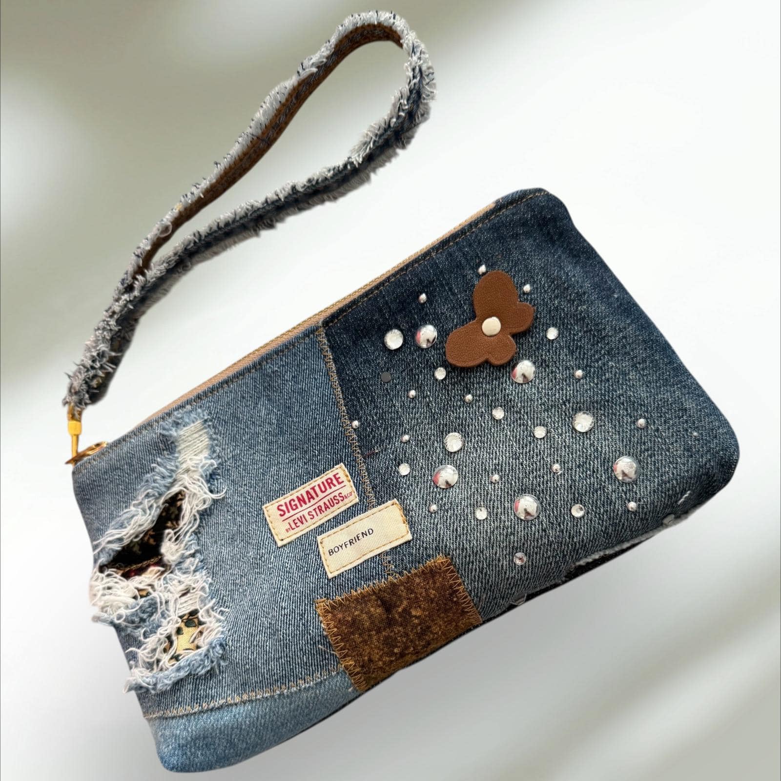 One-of-a-Kind Denim Patchwork Wristlet Clutch – Handmade Wallet, 7.5”x5”, Zipper Closure, 3 Card Slots