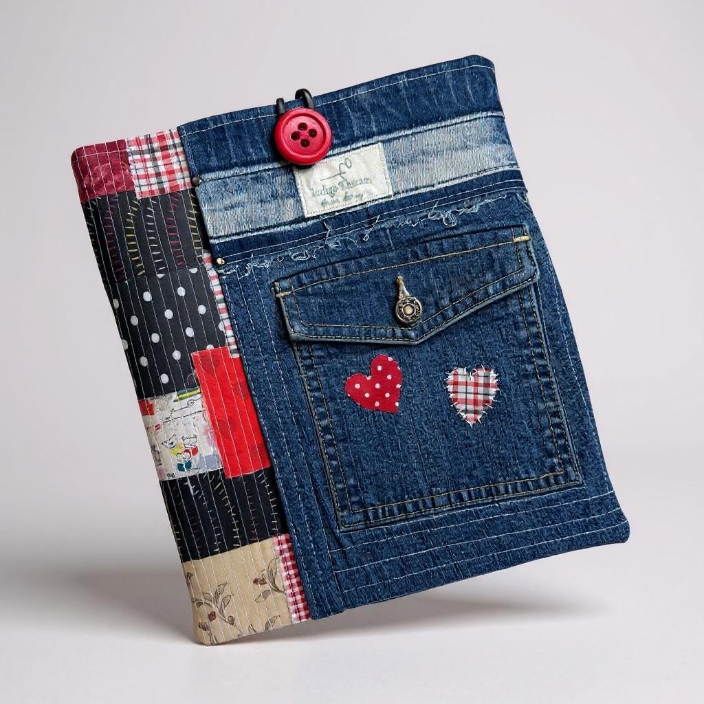 Large Quilted Denim Sleeve | Book, iPad, Tablet Organizer | Handmade Patchwork Bag (9x11)