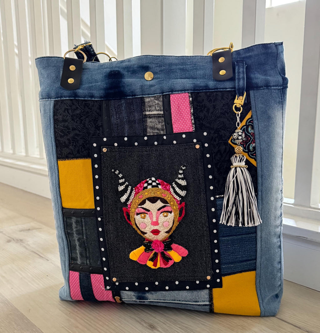 Handmade Upcycled Denim Tote: Embroidered "Little Devil Girl" Boho Bag
