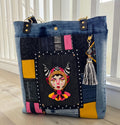Handmade Upcycled Denim Tote: Embroidered "Little Devil Girl" Boho Bag
