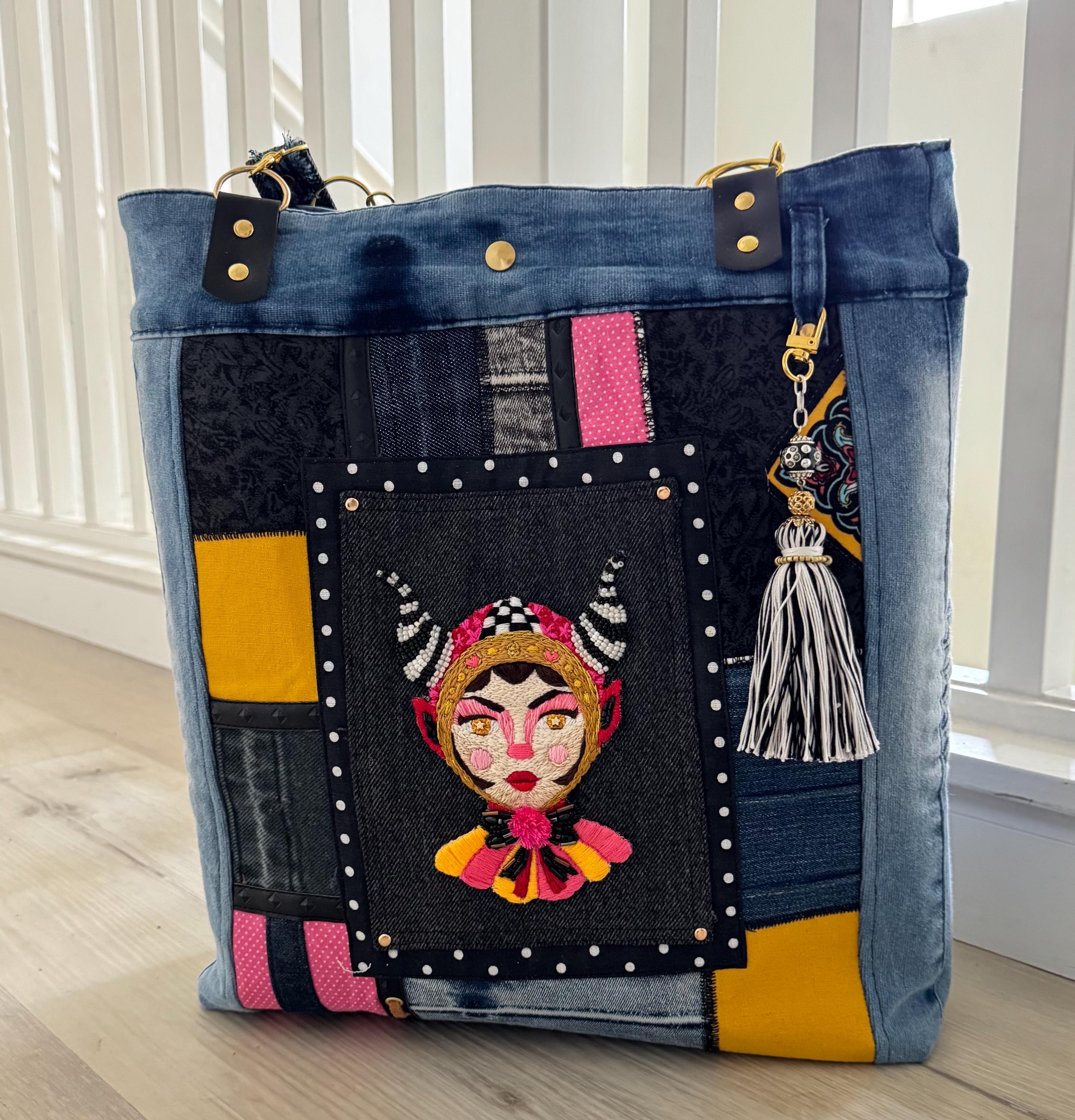Handmade Upcycled Denim Tote: Embroidered "Little Devil Girl" Boho Bag