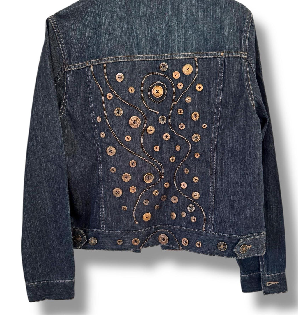 Upcycled Denim Jacket – One-of-a-Kind Wearable Art with Button & Zipper Design | Size Large