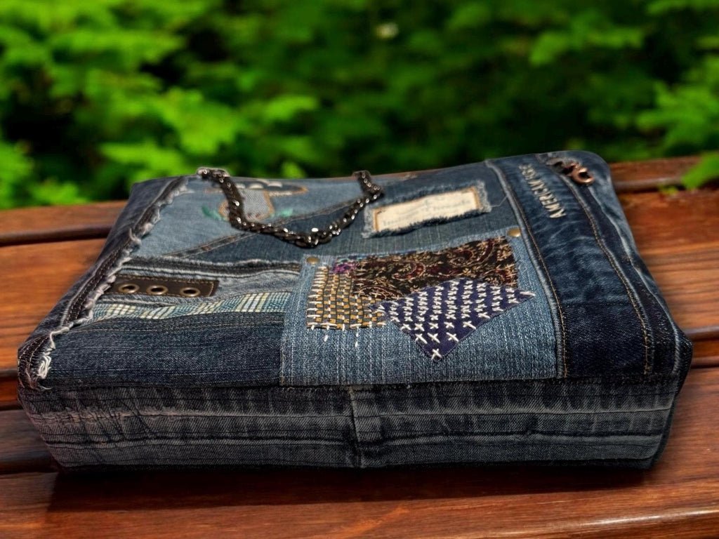 Upcycled Denim Patchwork Tote Bag: Mushroom Embroidery, Chain Strap