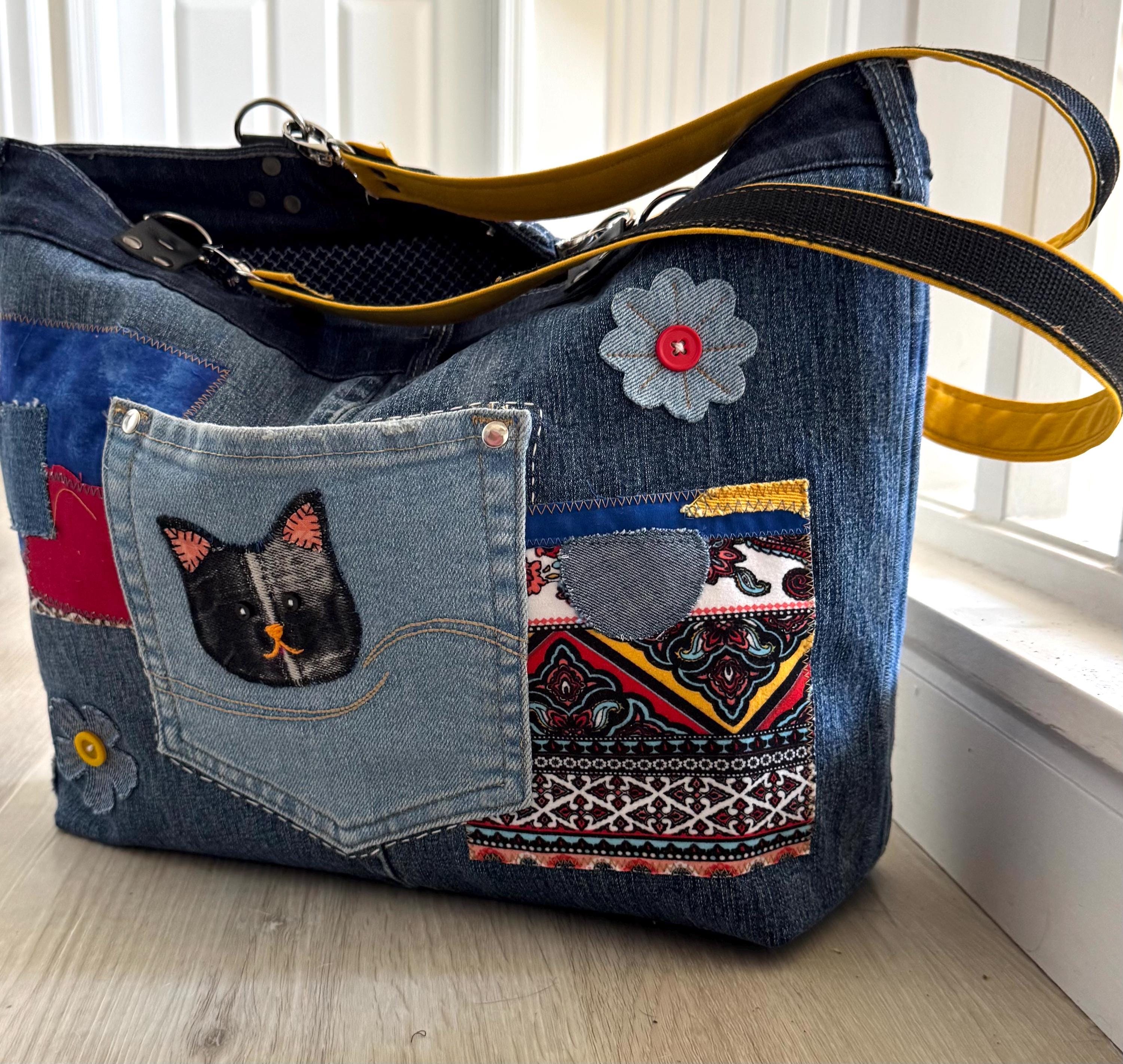 Upcycled Denim Tote Bag: Boho Patchwork with Cat Appliqué