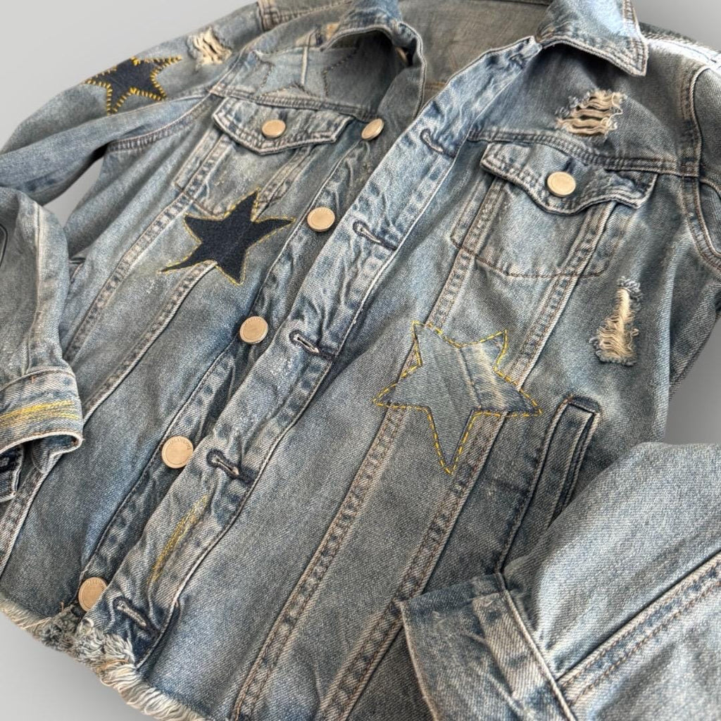 Upcycled Denim Star Patchwork Jacket: Distressed Handmade Jean Jacket - S/M