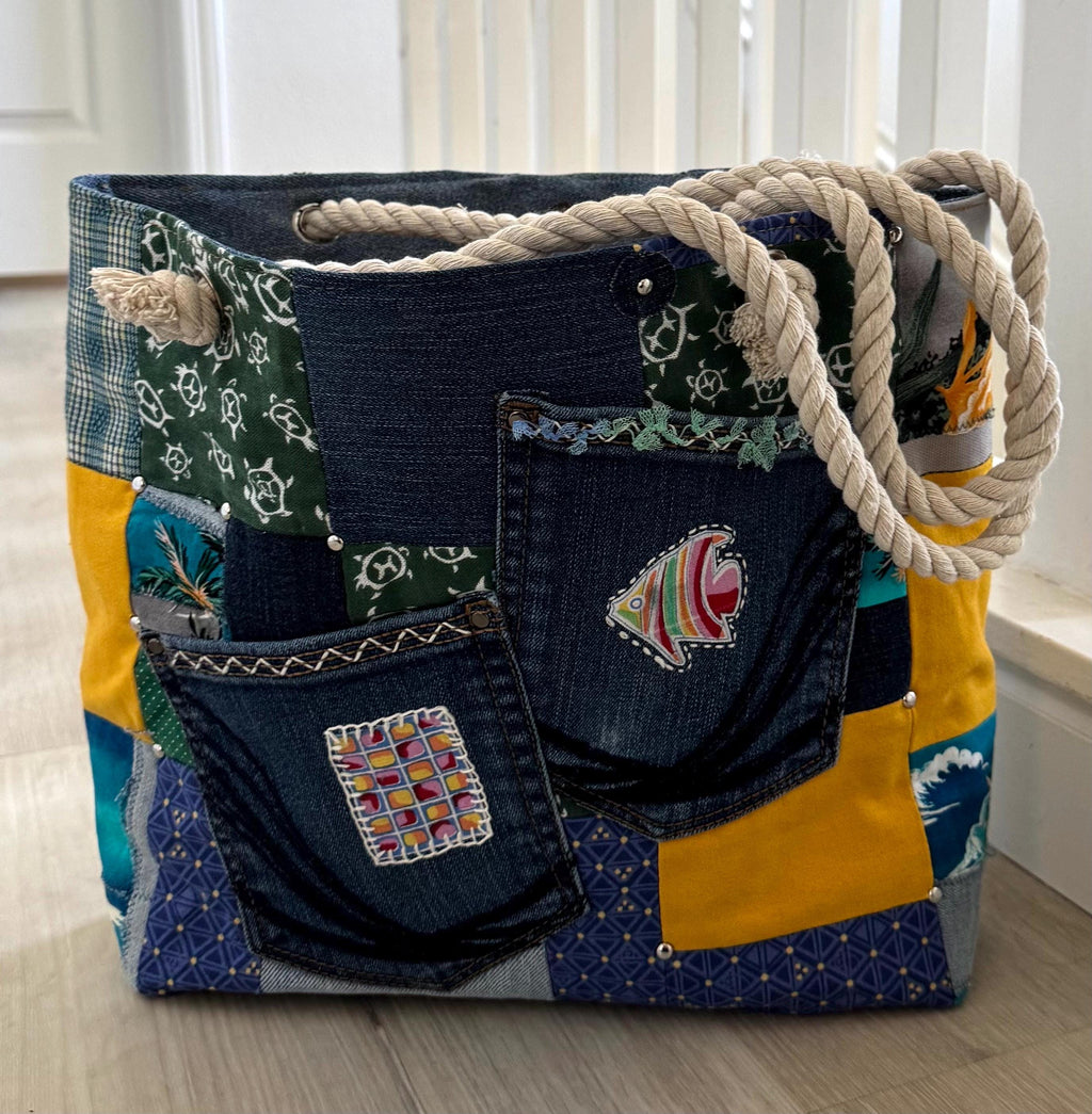 Tropical Patchwork Denim Tote Bag – Upcycled Beach Bag with Rope Handles