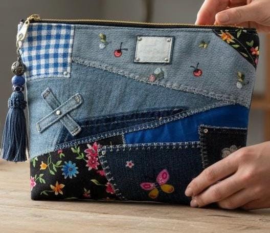 Upcycled Denim Patchwork Handbag, Floral Accents, Sustainable Jean Purse