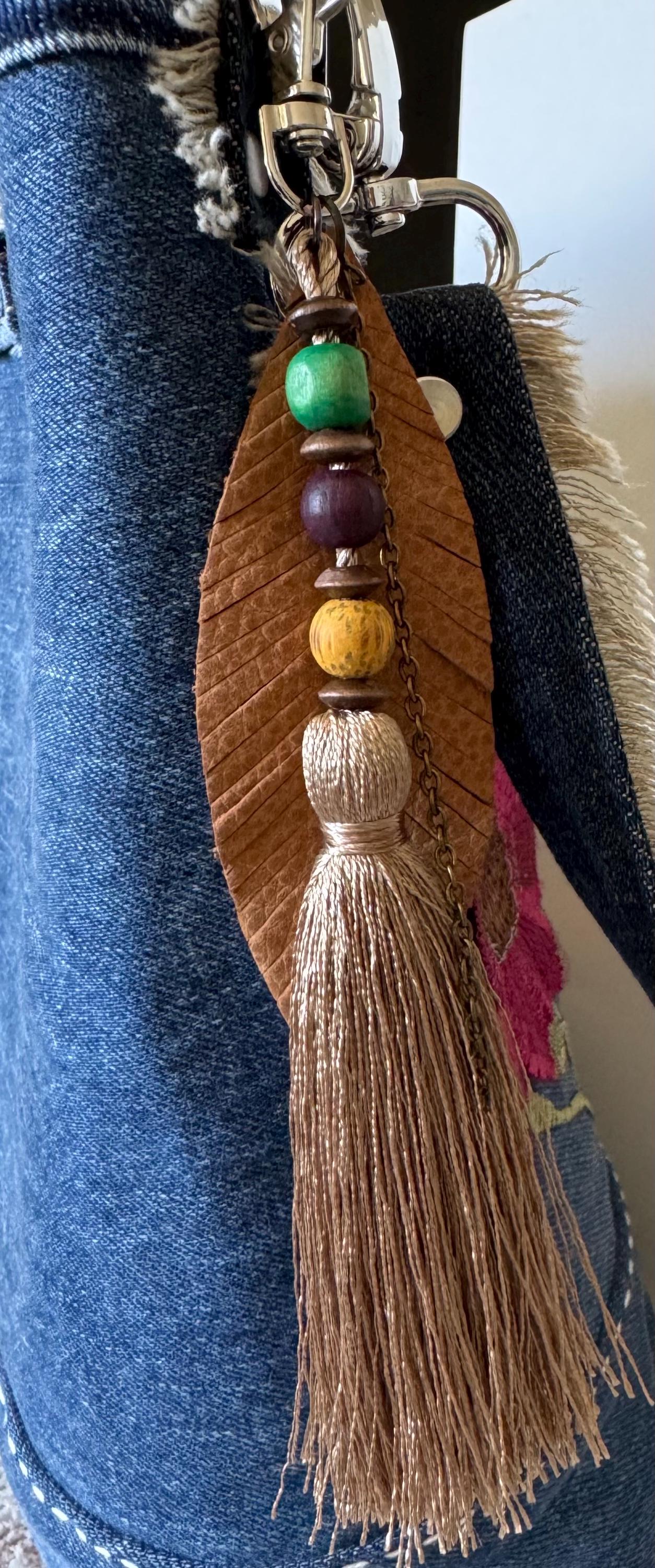 Boho Tassel Bag Charms – Wooden Beads, Silk Tassels, Leather Feather – Keychain or Bag Accessory