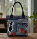 Distressed Denim Tote Bag with Hand & Machine Embroidery-Upcycled-One-of-a-Kind