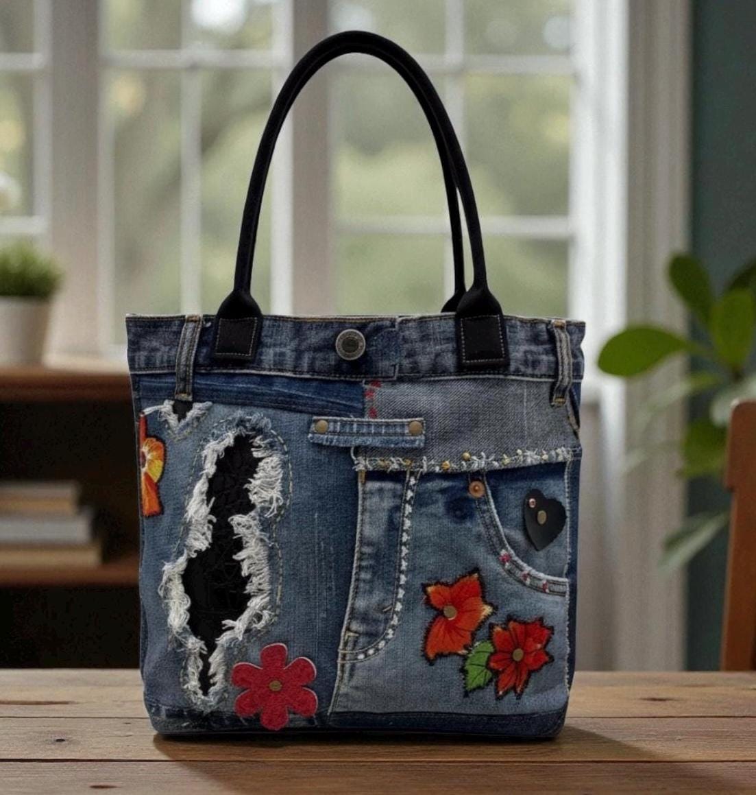 Distressed Denim Tote Bag with Hand & Machine Embroidery-Upcycled-One-of-a-Kind
