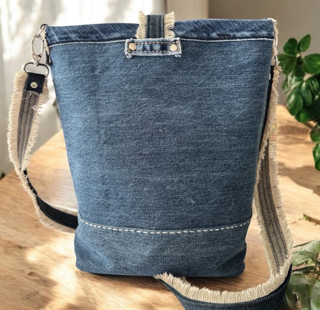 Upcycled Denim Crossbody Bag – Hand-Embroidered Moth Floral Patchwork Bag