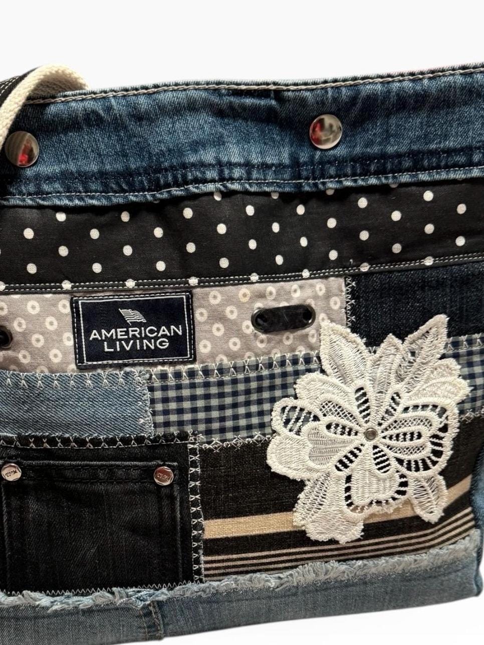 Upcycled Denim Patchwork Crossbody Bag | Boho Jean Purse with Lace Appliqué