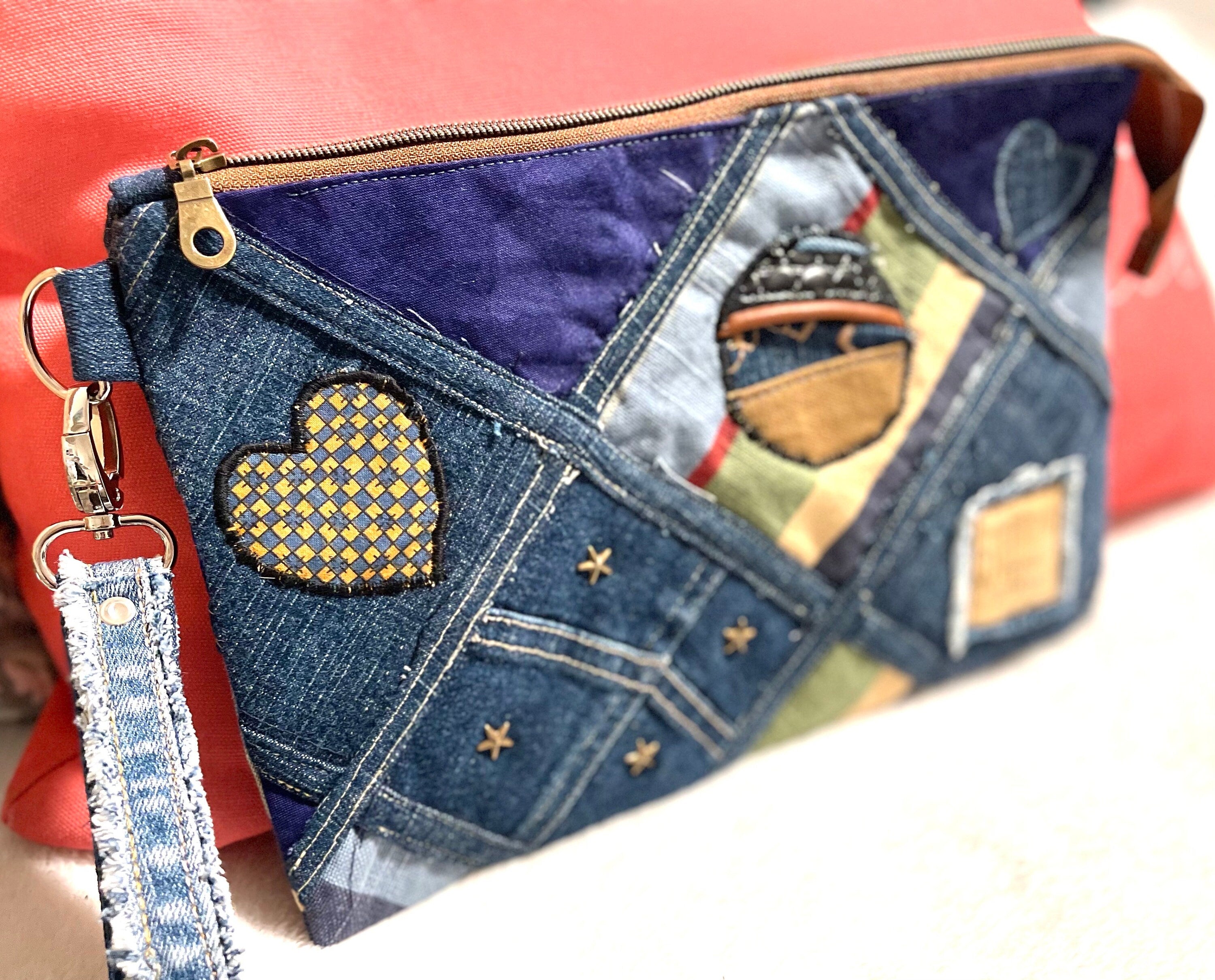 Denim Patchwork Clutch Wristlet: Upcycled Jeans, Boho Chic Bag