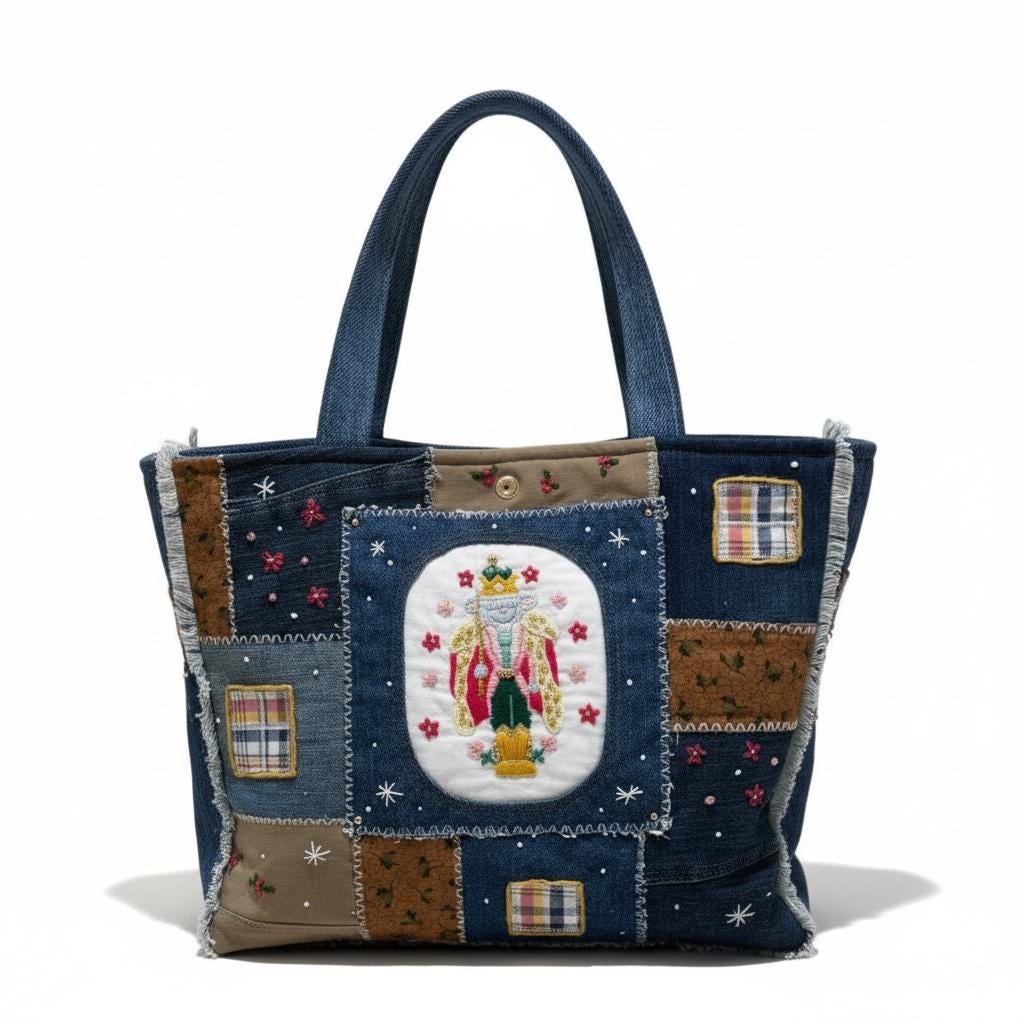 Christmas Nutcracker Embroidered Denim Tote Bag – Handmade Patchwork-one of a kind
