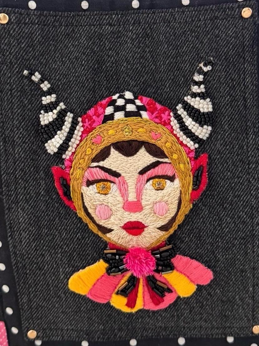 Handmade Upcycled Denim Tote: Embroidered "Little Devil Girl" Boho Bag