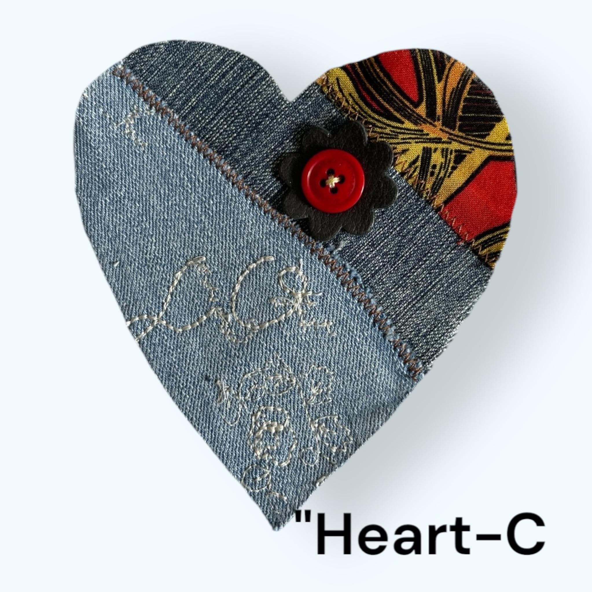 Upcycled Denim Heart Patch: Handmade Sew-On Applique with Leather Butterfly