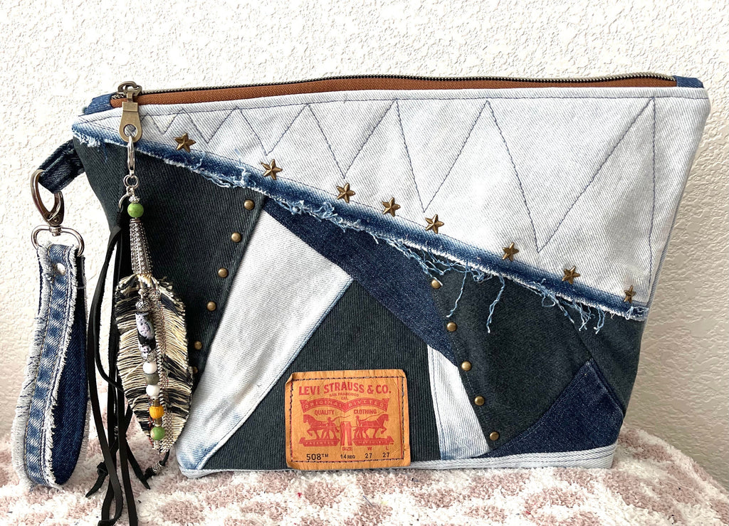 Upcycled Denim Patchwork Handbag, Boho Tassel Clutch