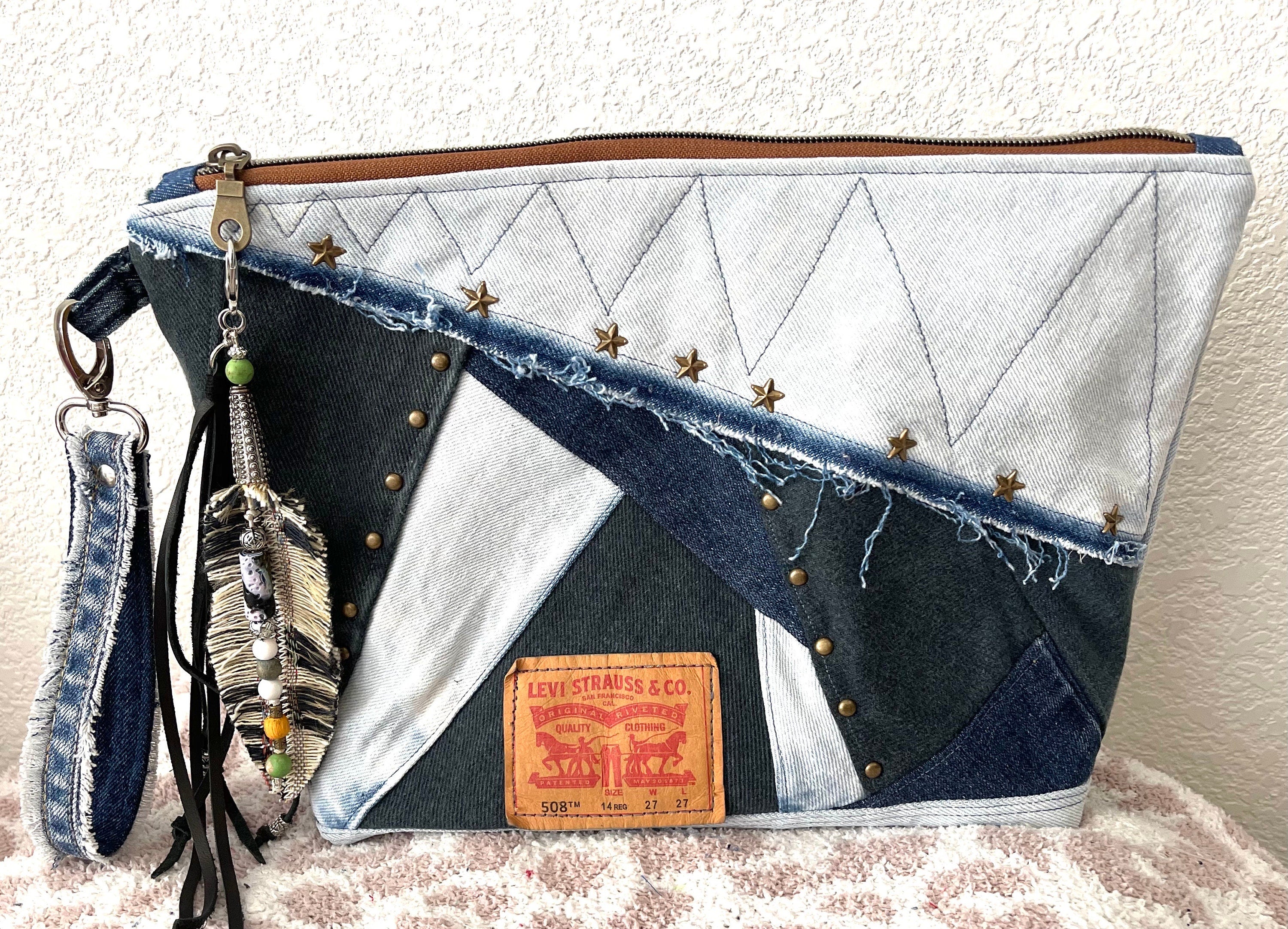 Upcycled Denim Patchwork Handbag, Boho Tassel Clutch