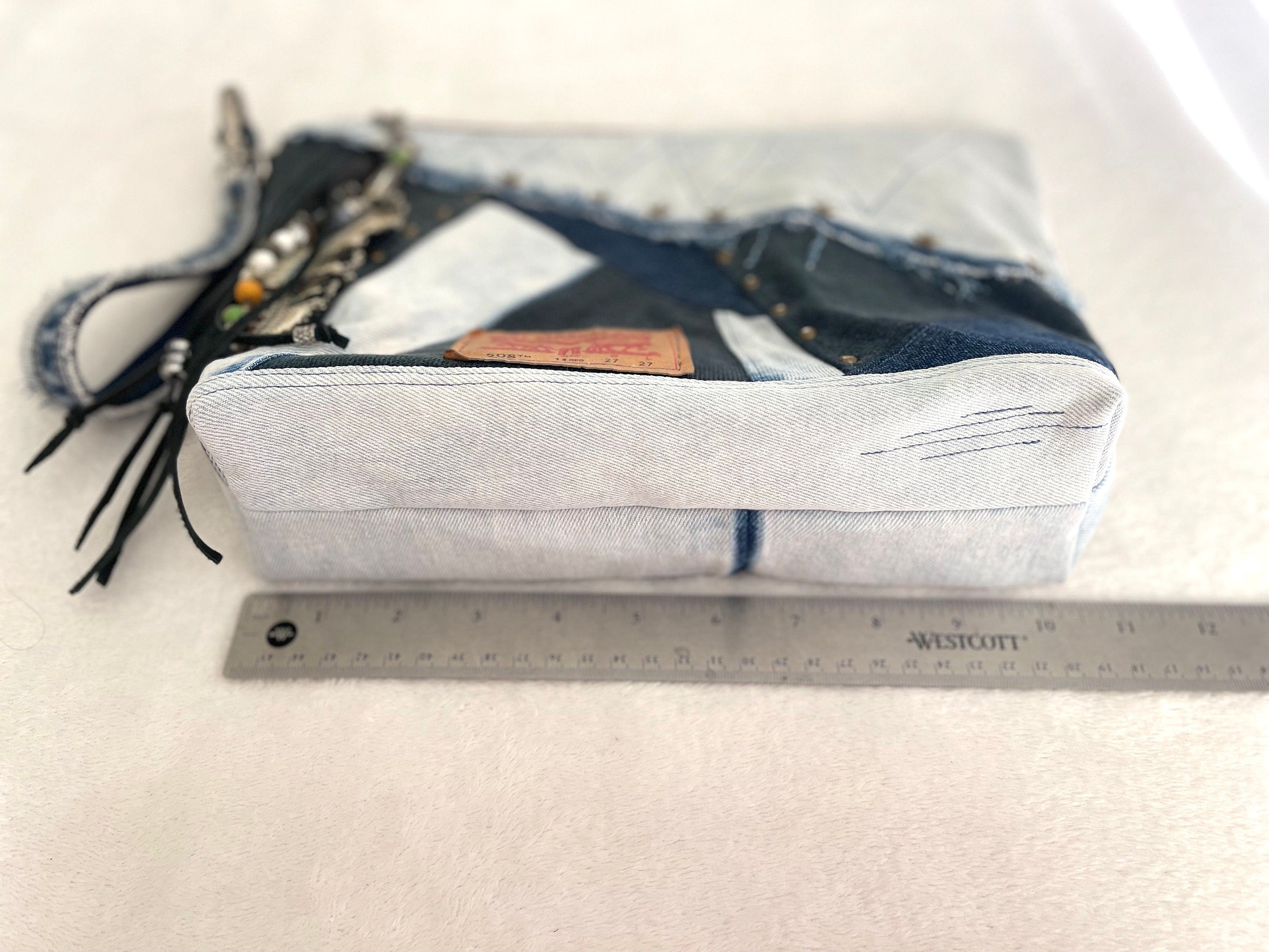 Upcycled Denim Patchwork Handbag, Boho Tassel Clutch