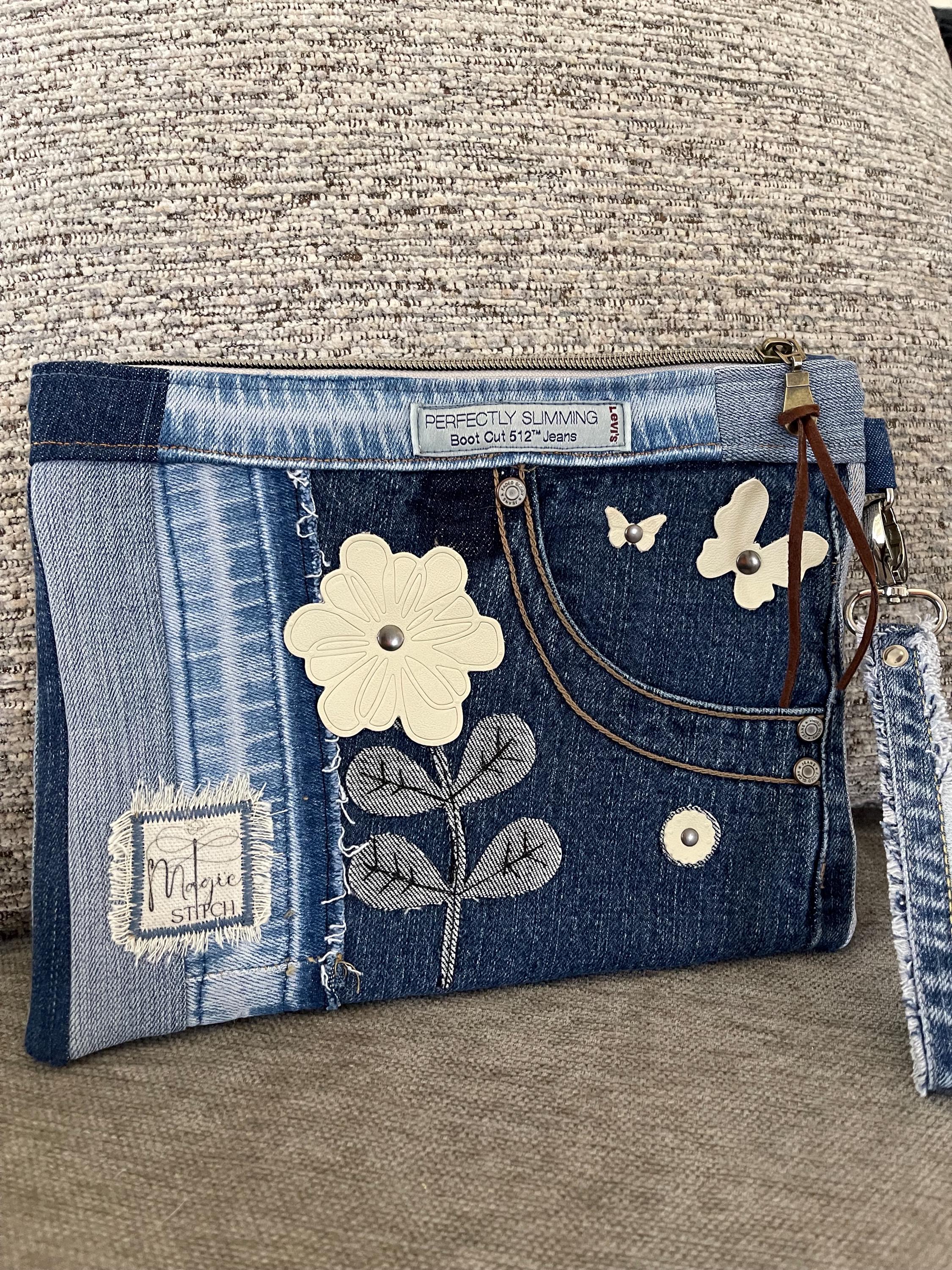 Unique bohemian handbag One-of-a-Kind Denim Patchwork Clutch with removable Wrist Handle