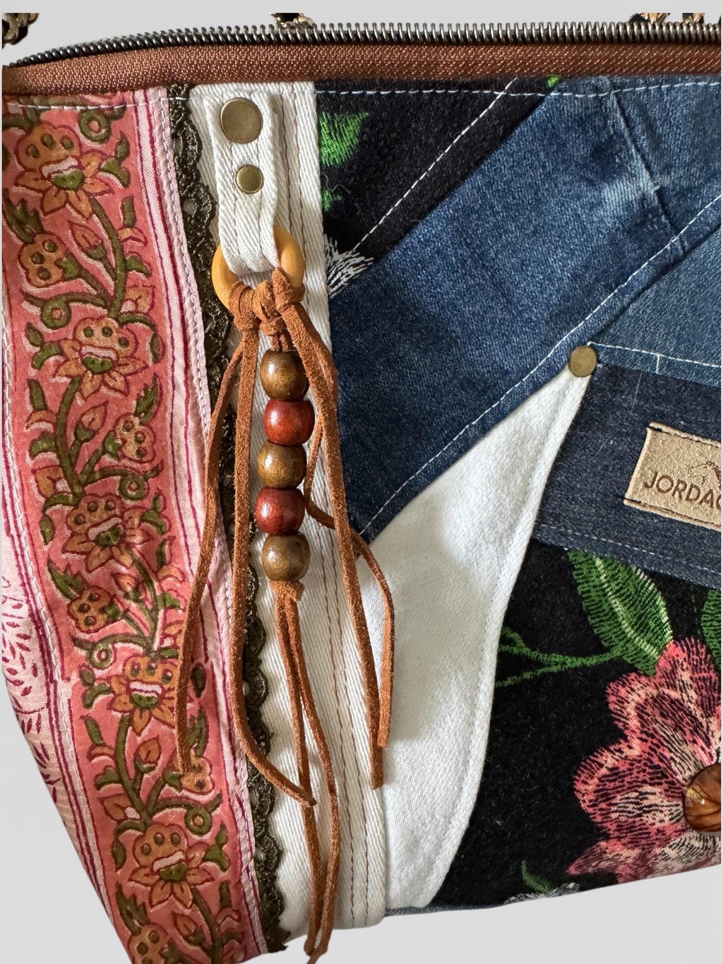 Boho Patchwork Crossbody Bag | Denim and Floral | Chain & Leather Strap
