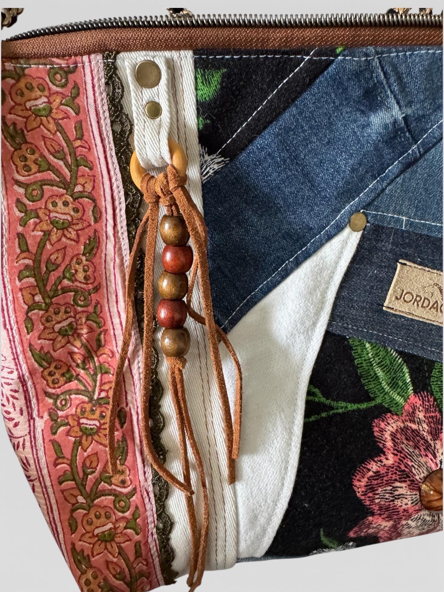 Boho Patchwork Crossbody Bag | Denim and Floral | Chain & Leather Strap