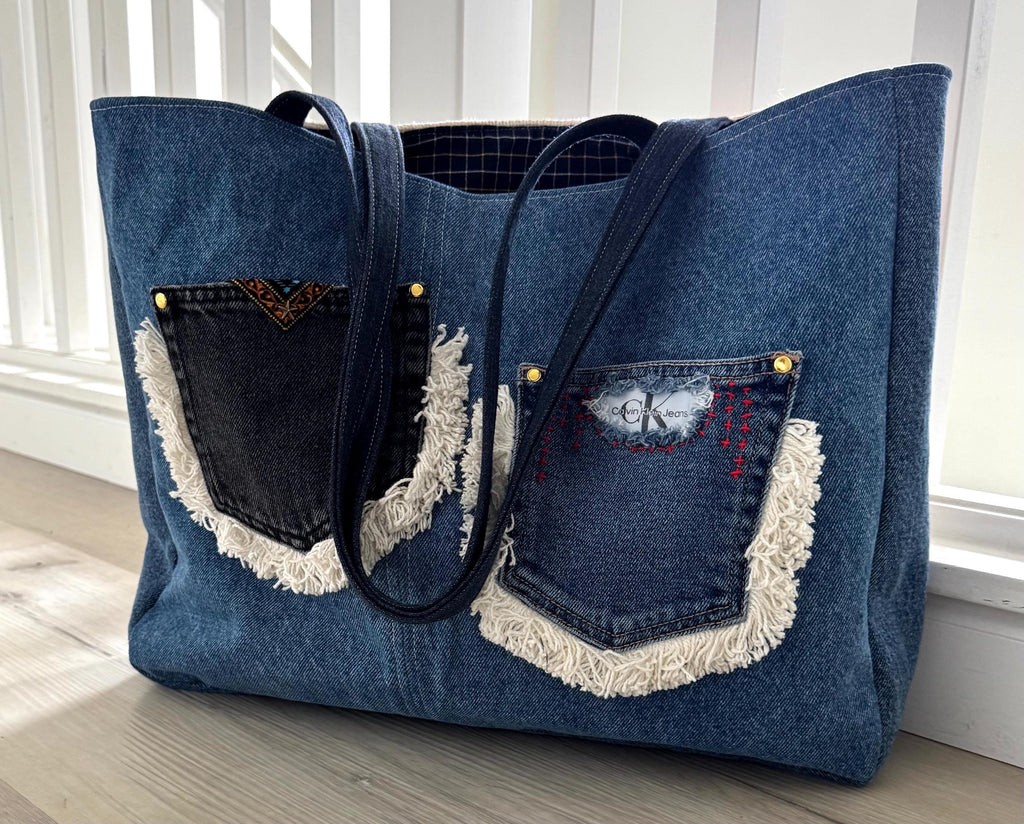 Denim patchwork large beaded embroidery shoulder bag-tote bag upcycled jeans boho chic bag