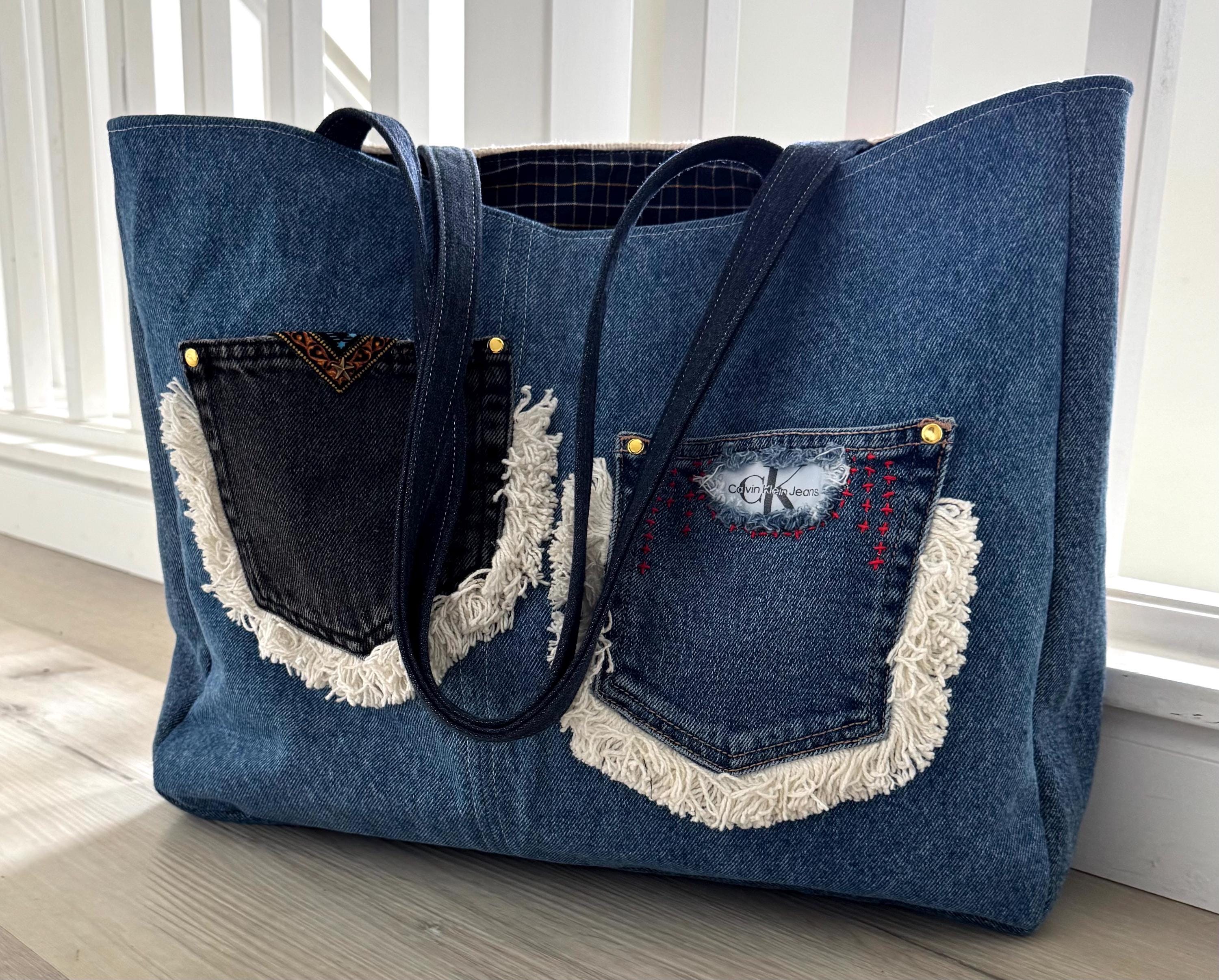Denim patchwork large beaded embroidery shoulder bag-tote bag upcycled jeans boho chic bag
