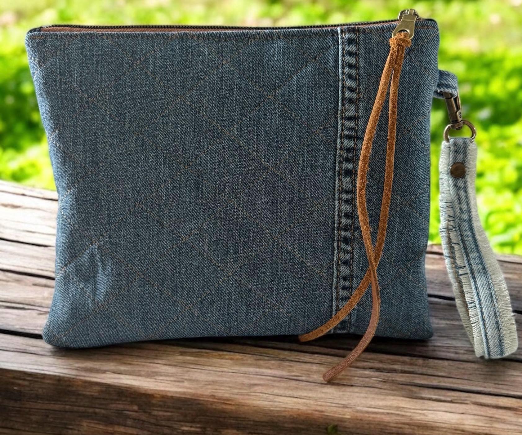 Handmade Denim Crossbody Clutch: Upcycled Patchwork Bag with Heart Appliqués