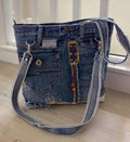 Denim Tote Hand embroidery patchwork shoulder bag-Sashiko inspired one of a kind