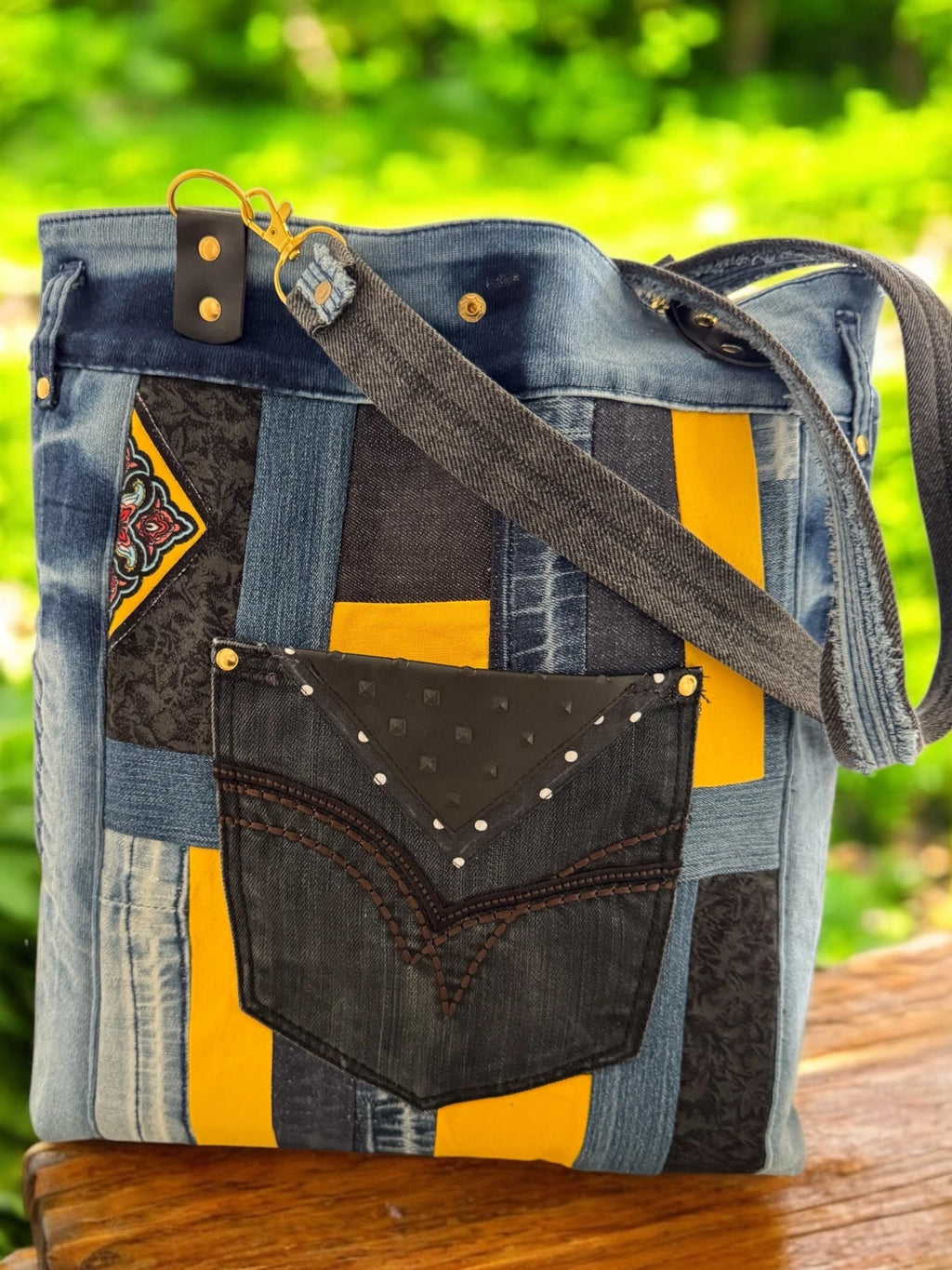 Handmade Upcycled Denim Tote: Embroidered "Little Devil Girl" Boho Bag