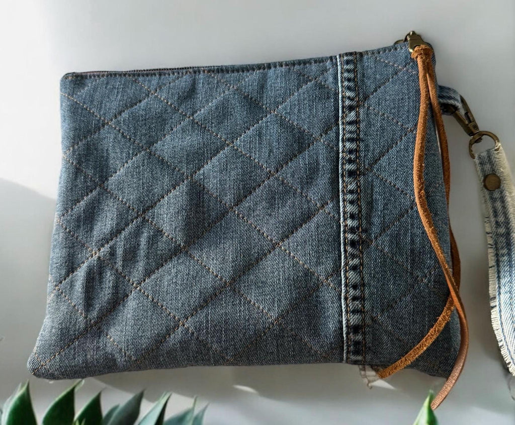Handmade Denim Crossbody Clutch: Upcycled Patchwork Bag with Heart Appliqués