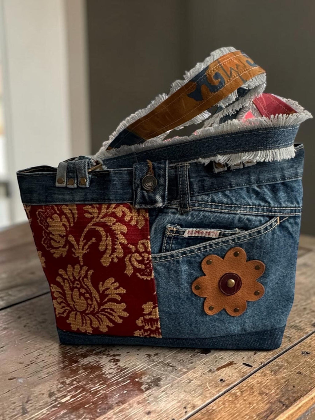 Upcycled Denim Patchwork Shoulder Bag | Leather Bottom Boho Tote Purse