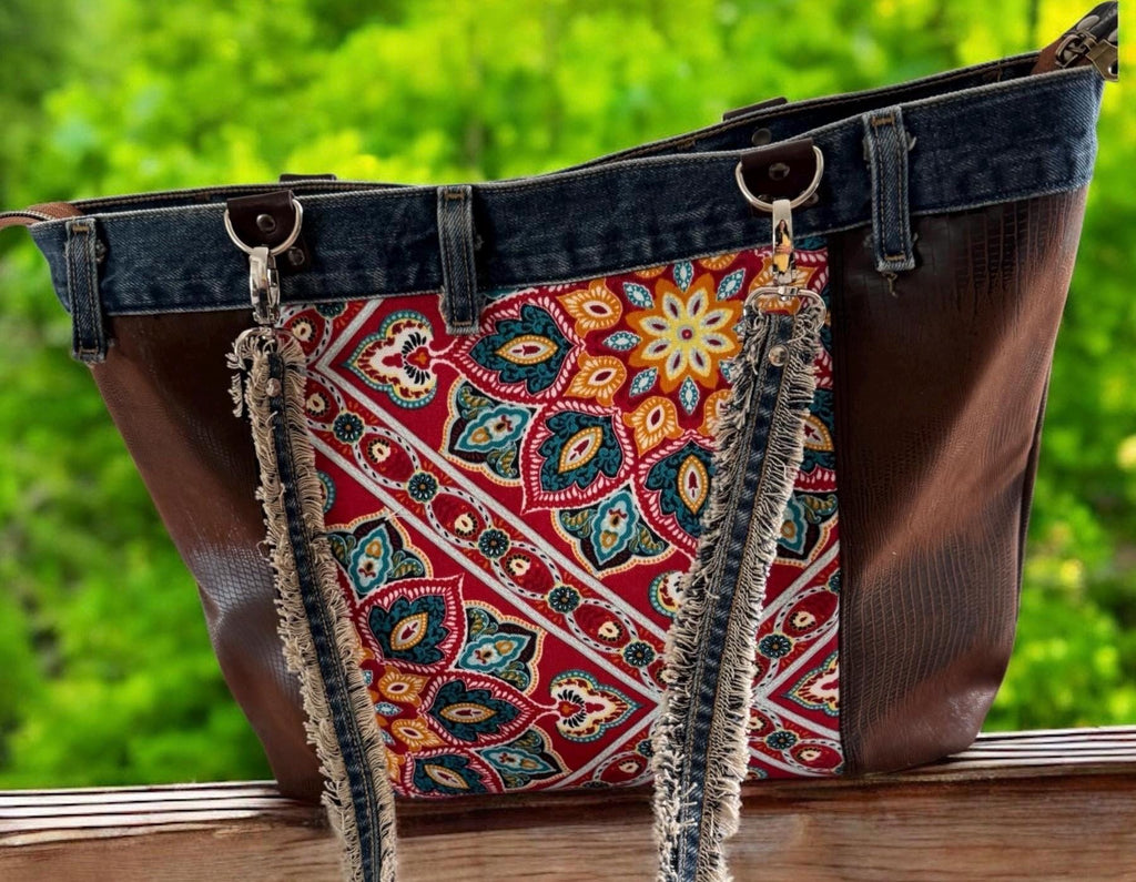 One-of-a-Kind Upcycled Denim & Faux Leather Tote Bag – Boho Patchwork Design