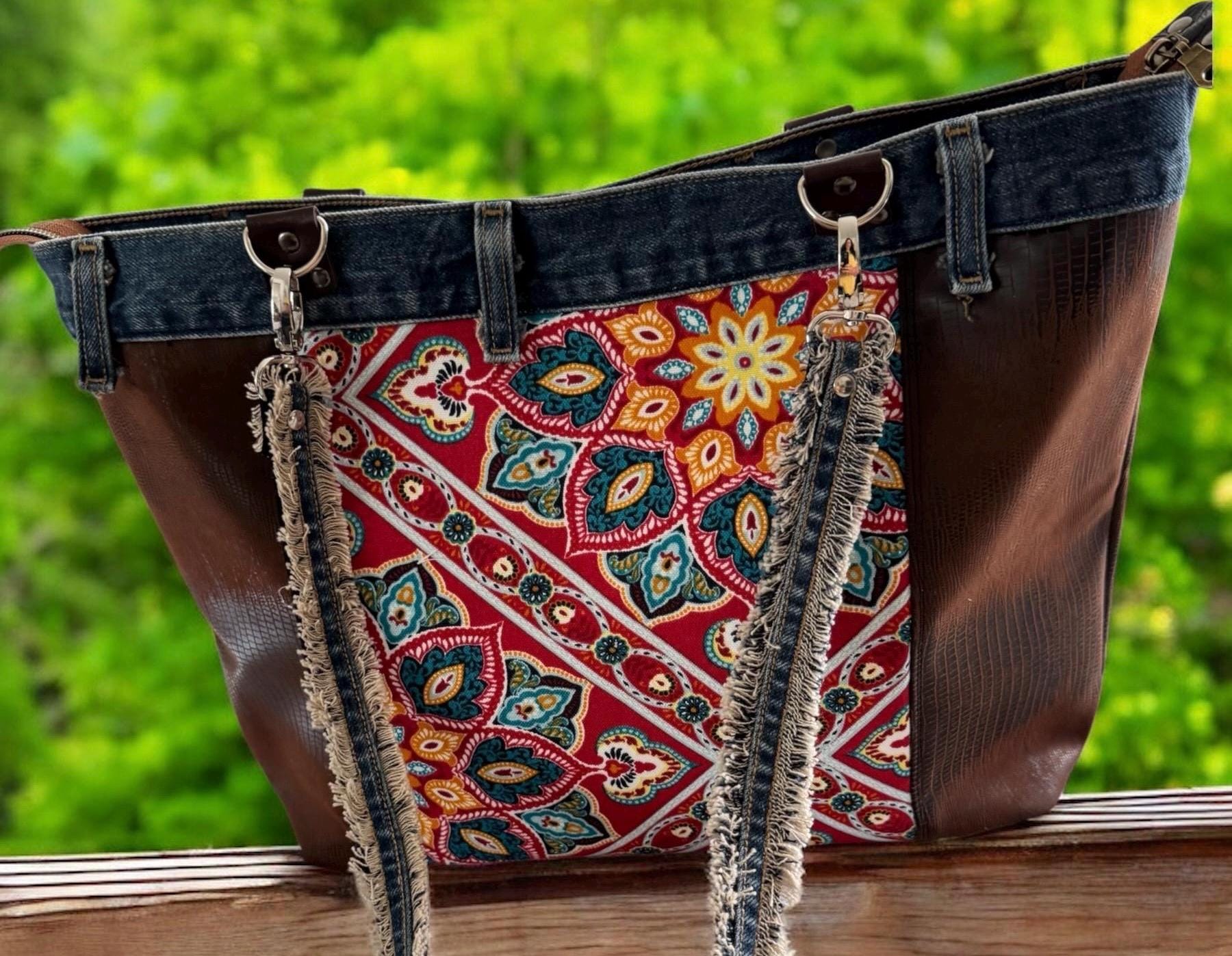 One-of-a-Kind Upcycled Denim & Faux Leather Tote Bag – Boho Patchwork Design