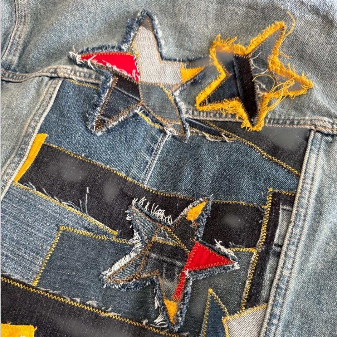 Upcycled Denim Star Patchwork Jacket: Distressed Handmade Jean Jacket - S/M
