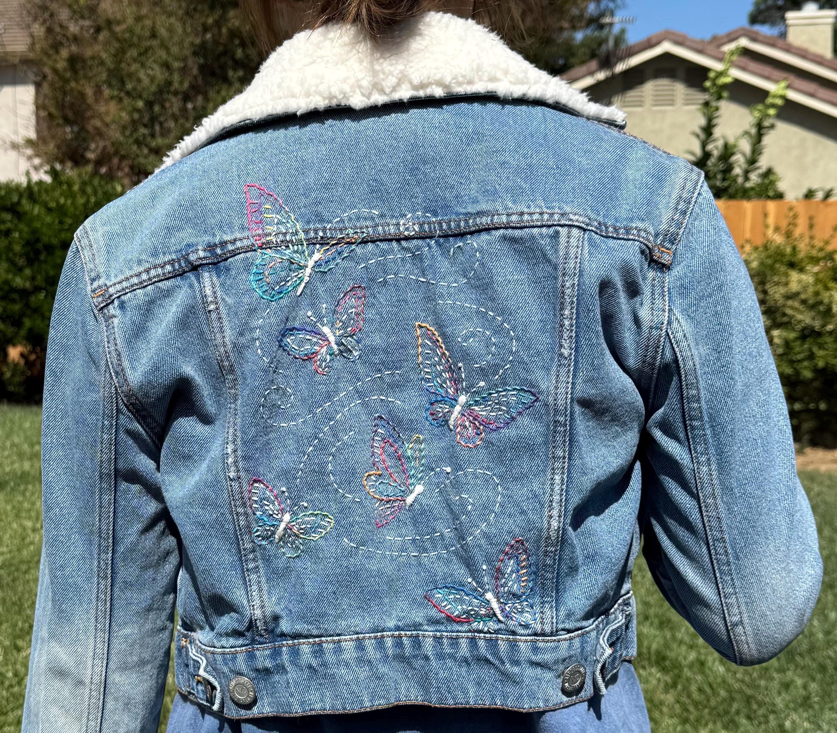 Cropped butterfly Hand-Embroidered Denim Jacket with Sherpa Collar – Small