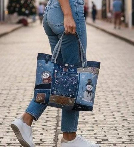 Handmade Upcycled Denim Tote – Snowman Patchwork Winter Bag