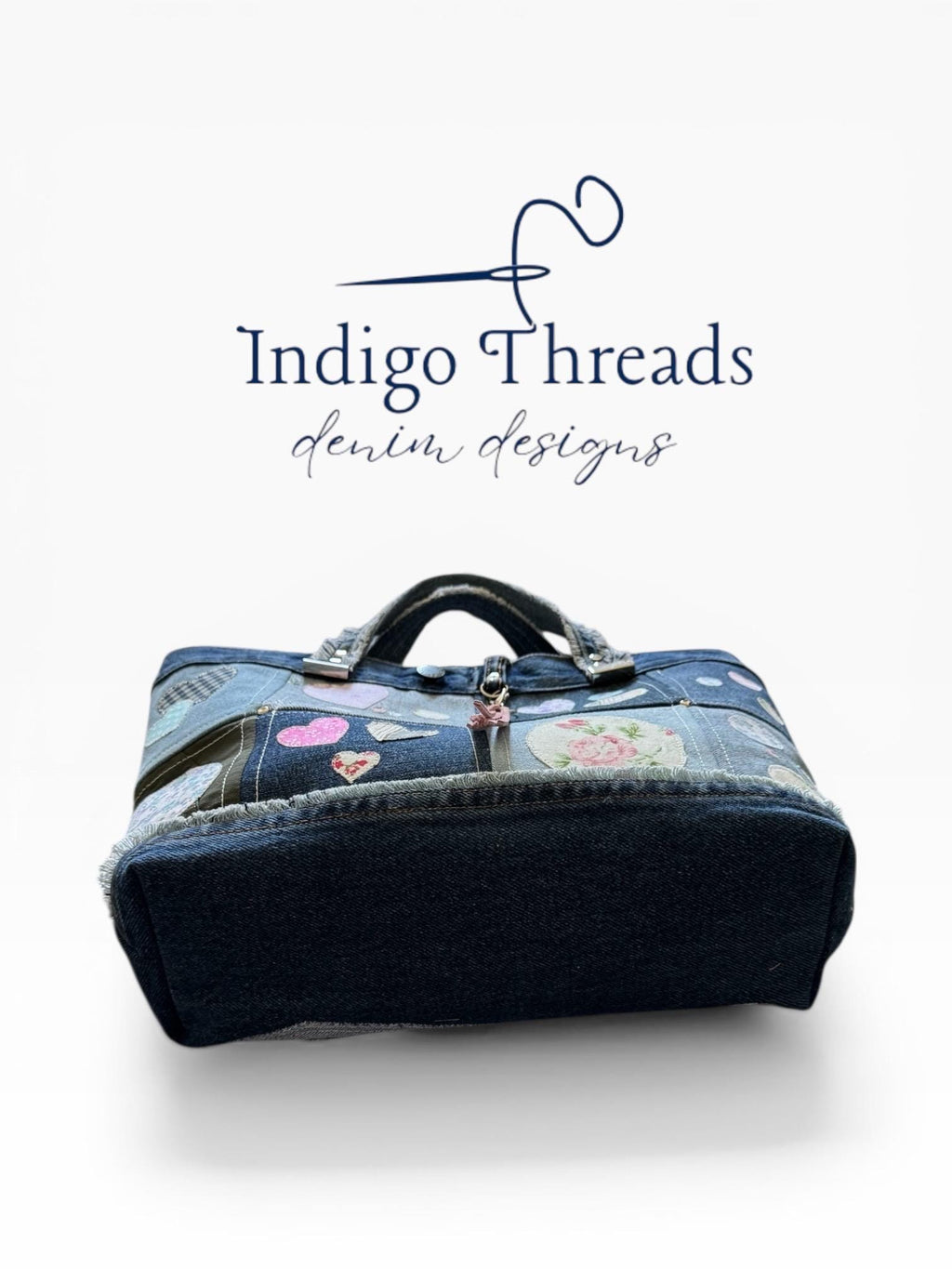 Patchwork Denim Tote Bag, Upcycled Jeans Heart Appliqué Purse, Boho Handbag