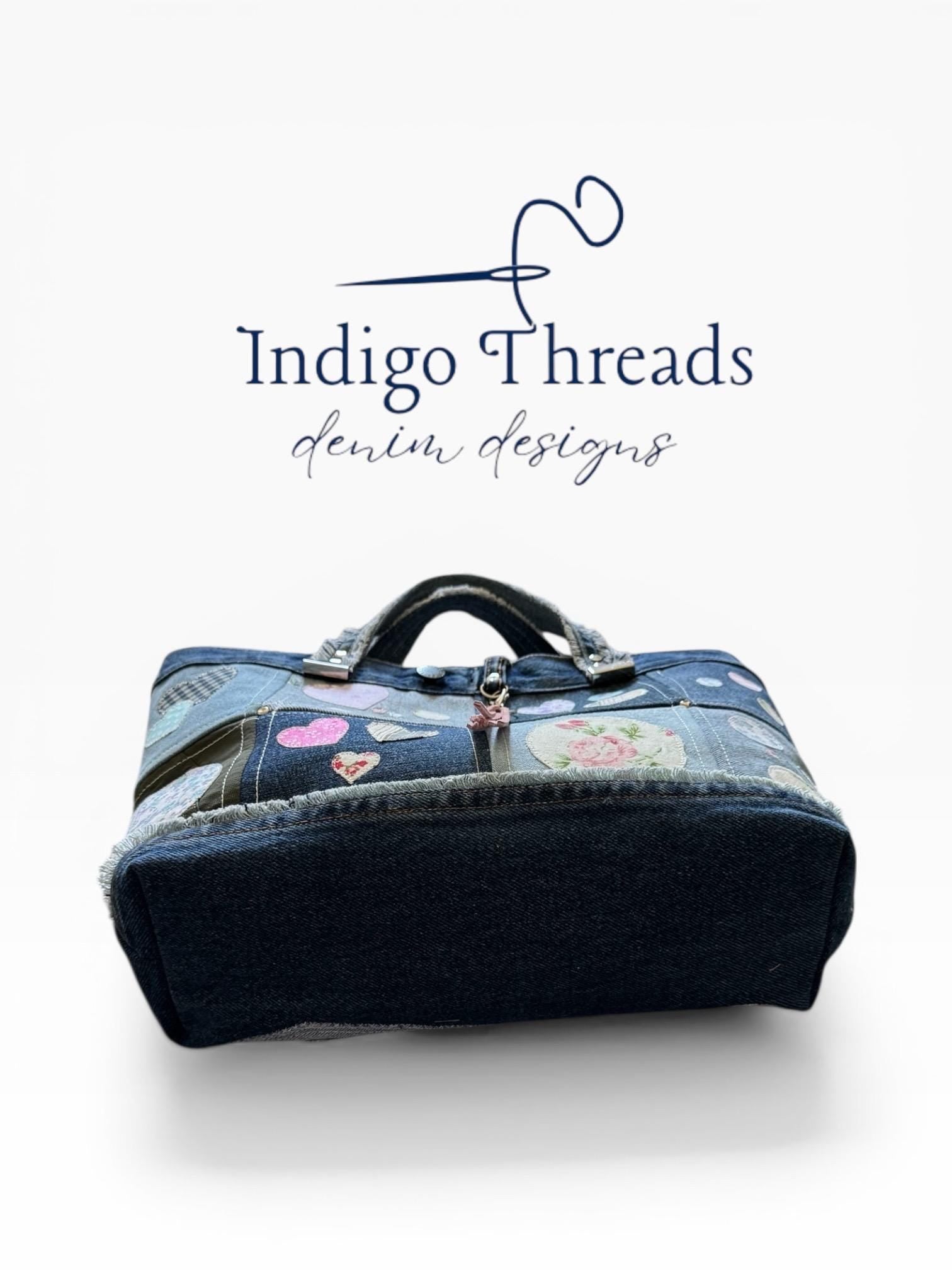 Patchwork Denim Tote Bag, Upcycled Jeans Heart Appliqué Purse, Boho Handbag