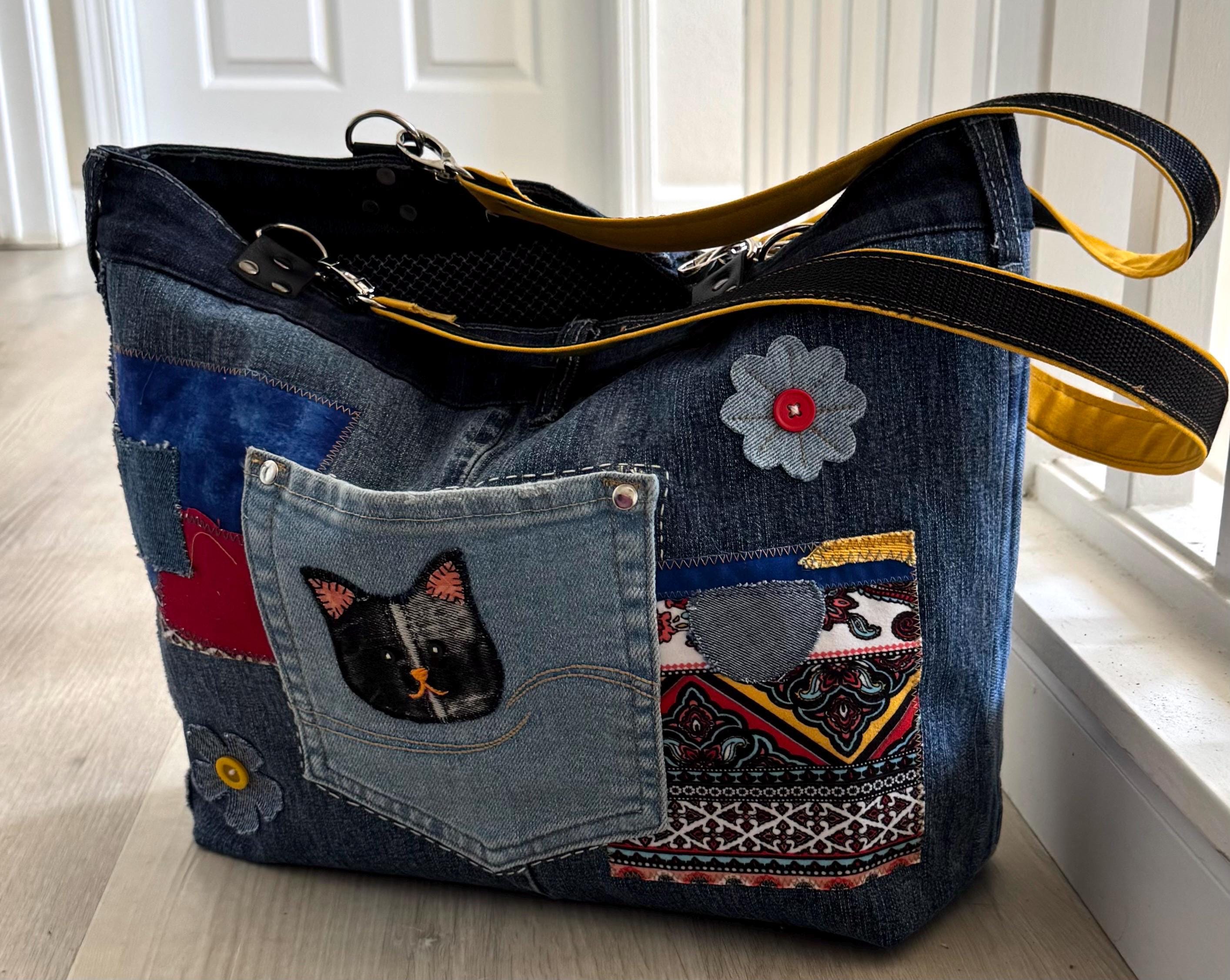 Upcycled Denim Tote Bag: Boho Patchwork with Cat Appliqué