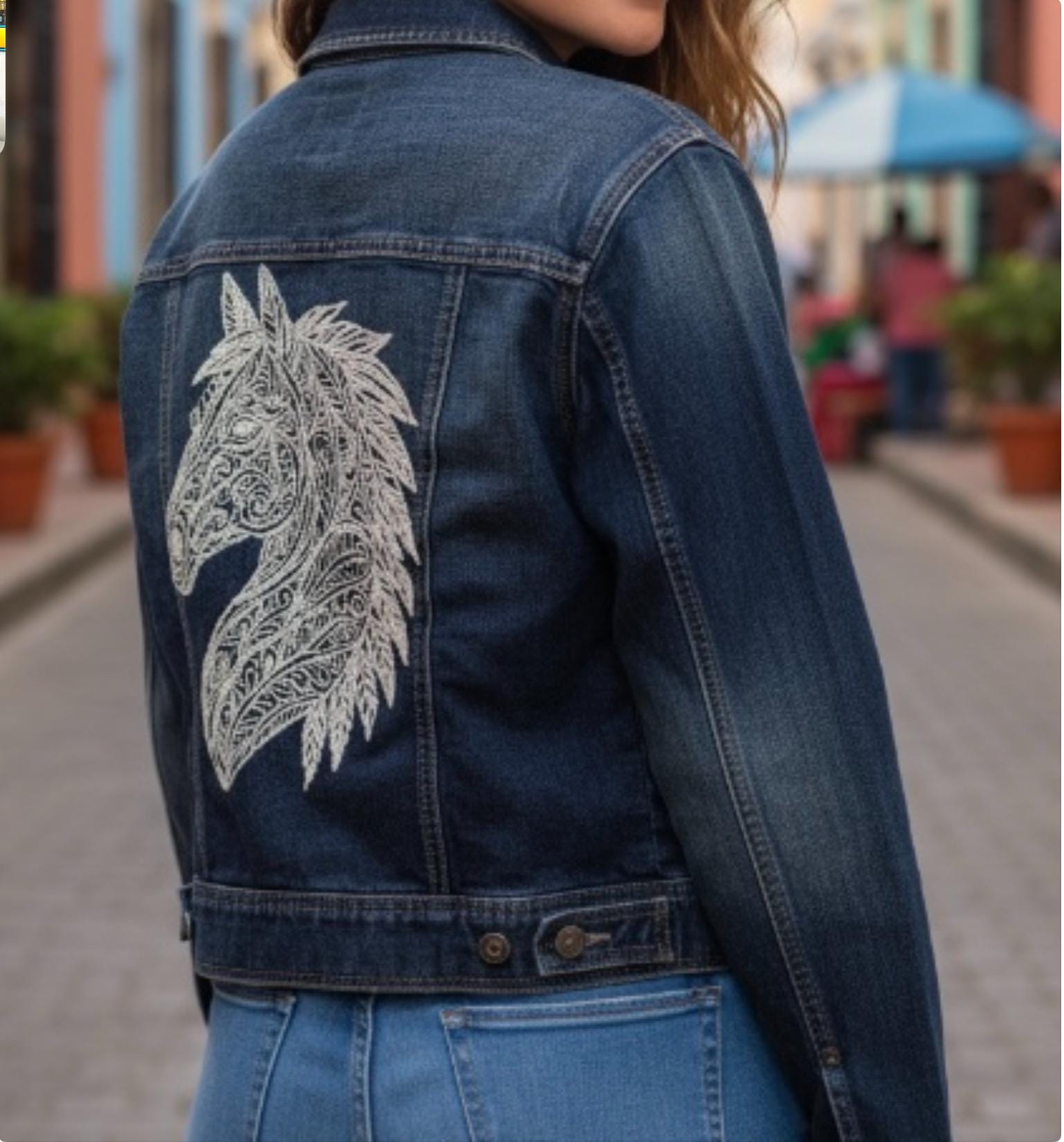 Hand Embroidered Horse Denim Jacket: Upcycled Boho Western Wear