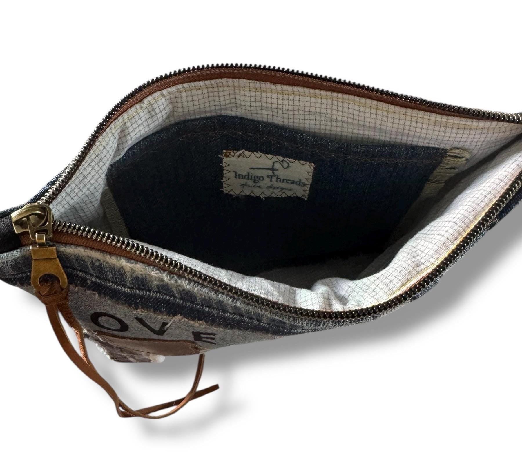 Cat Patchwork Crossbody Clutch Bag – Handmade Upcycled Denim Wristlet with Sunflowers, Appliqué & Chain Strap