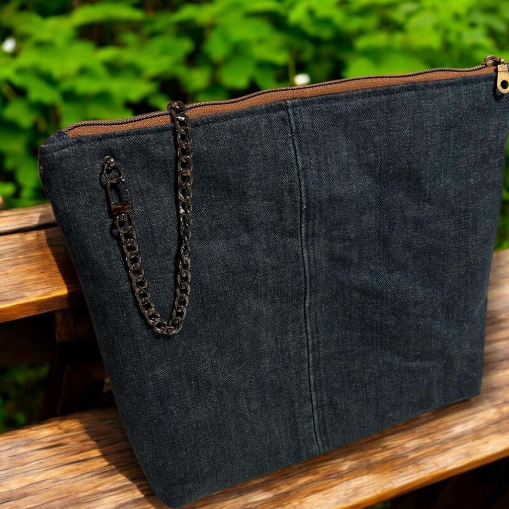Upcycled Denim Patchwork Tote Bag: Mushroom Embroidery, Chain Strap