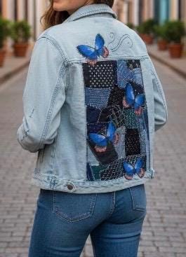 One-of-a-Kind Sashiko Boro Denim Jacket with Butterfly Appliqué | Hand-Embroidered, Upcycled, Japanese Threads